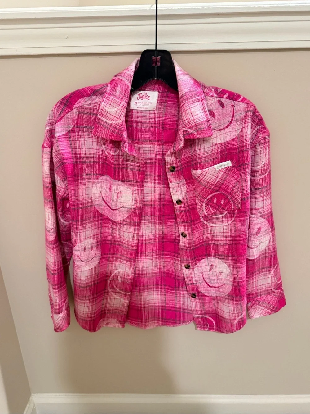 Justice girls oversized smiley face button up flannel size medium 10
